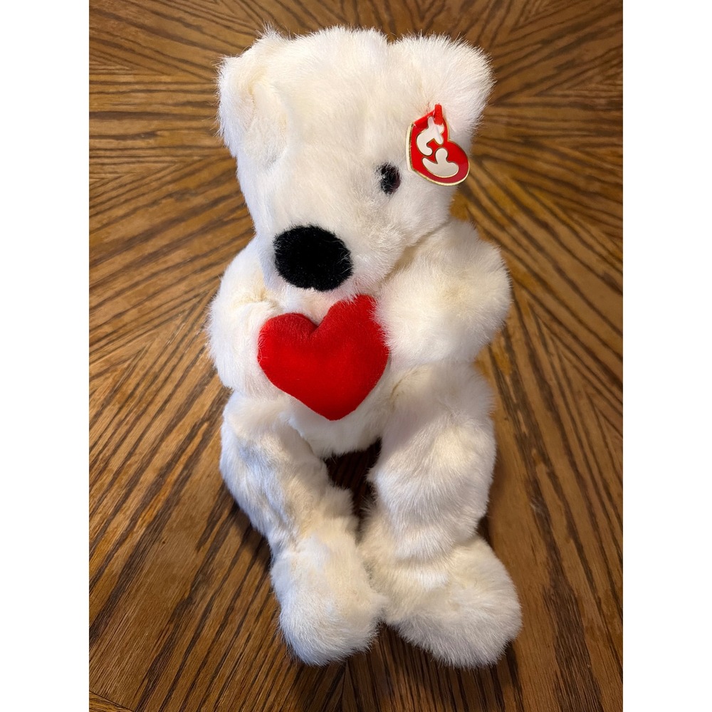 Ty Beanie Buddies Romeo White Bear Holding Red Heart I Love You Ribbon 1997